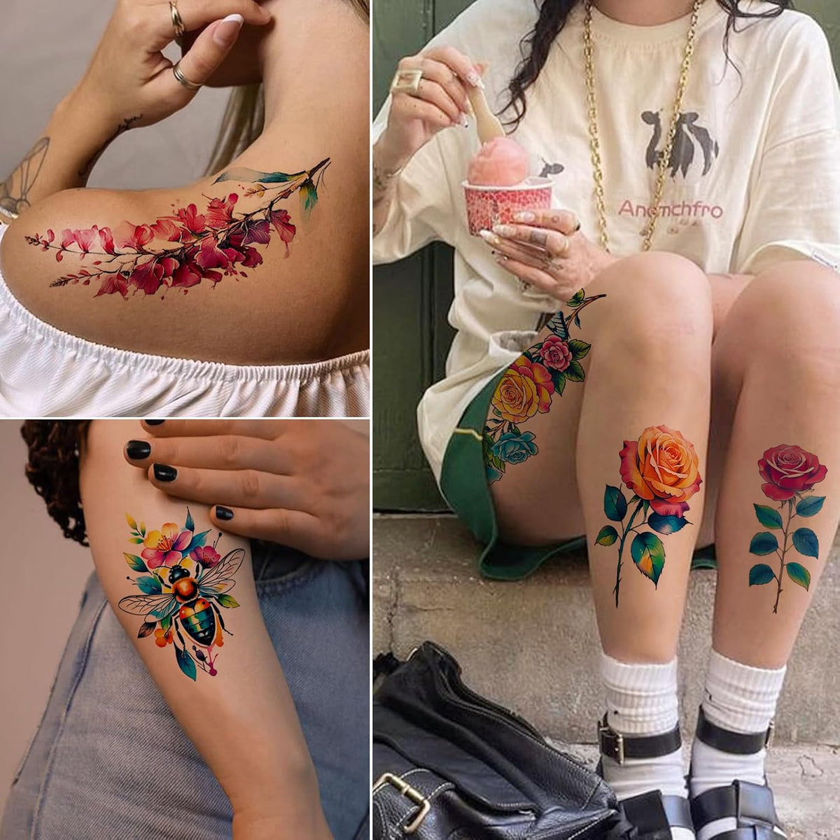3D Watercolor Flower Temporary Tattoos for Women – Large Rose & Floral Set