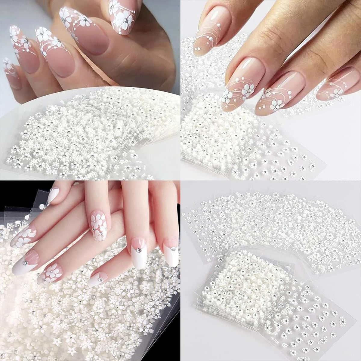 White Flower Nail Art Stickers with Rhinestones - 30 Sheets Self-Adhesive 3D Design