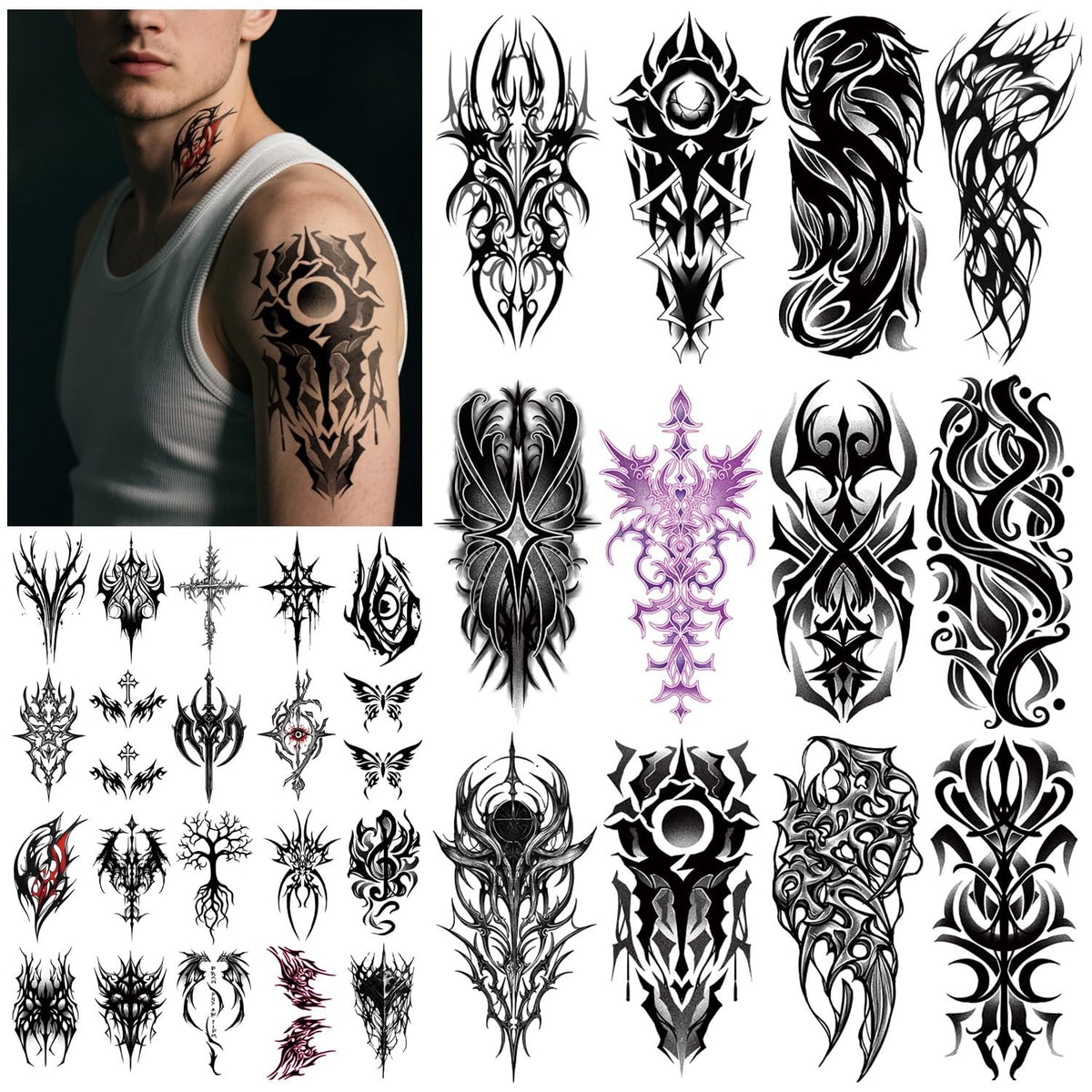 Tribal Cyber Sigil Temporary Tattoos - 77 Sheets for Adults, 7.48x3.74 in & 3.85x2.28 in