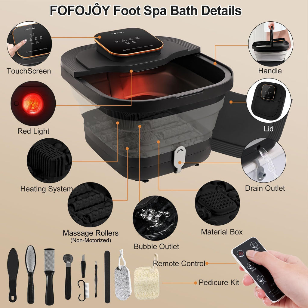 Collapsible Foot Spa Bath with Heat, Massage Rollers & Bubbles – Black