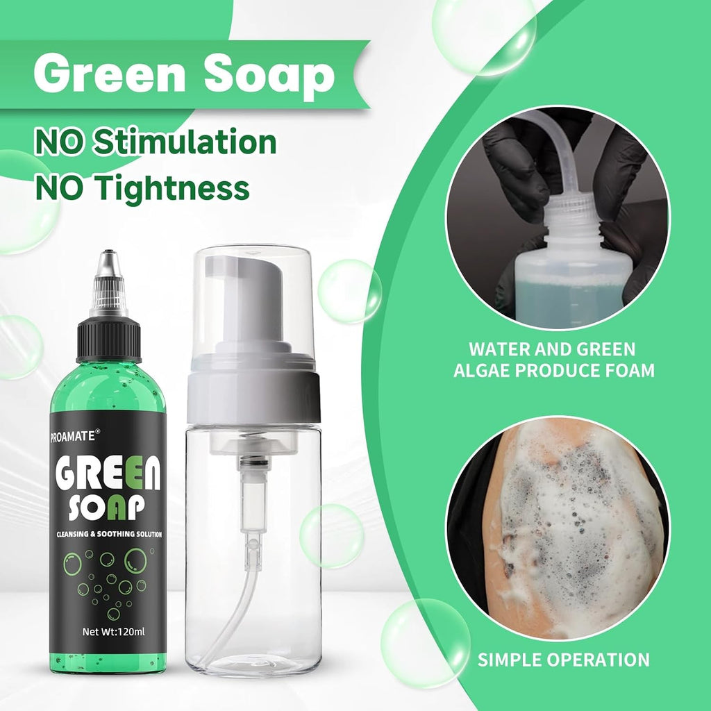 Green Tattoo Soap 4 oz with Foaming Bottle – Ultra Concentrated Tattoo Aftercare