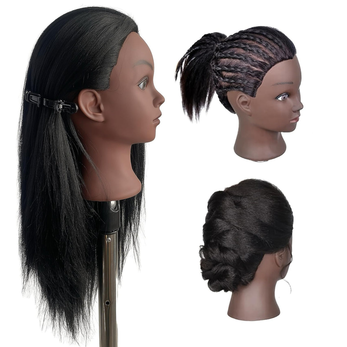 Black Mannequin Head for Hair Braiding Cosmetology Practice - 21 Inch Layered Synthetic Hair