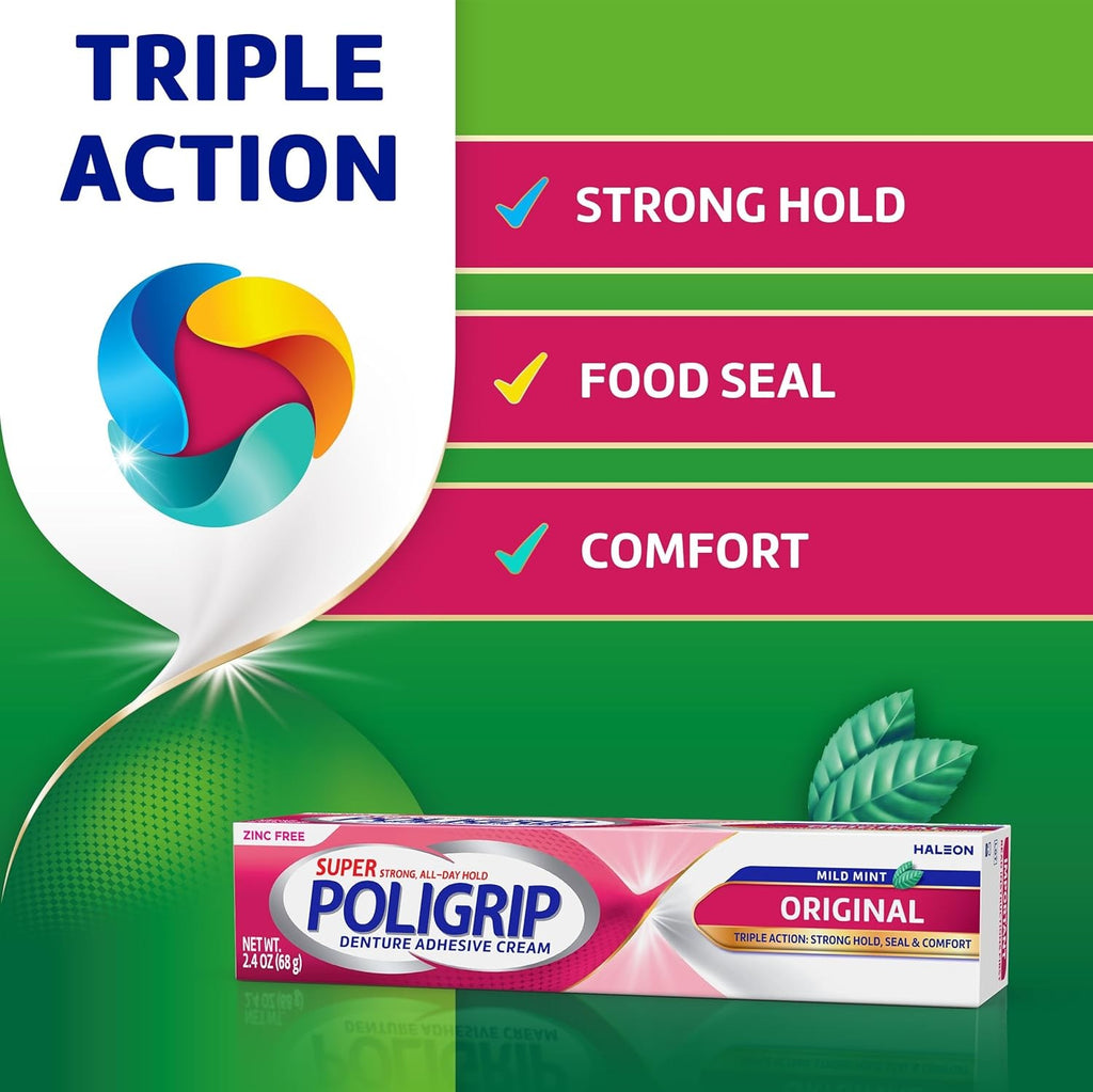 Zinc-Free Denture Adhesive Cream 4-Pack with Mint Flavor - Strong All-Day Hold