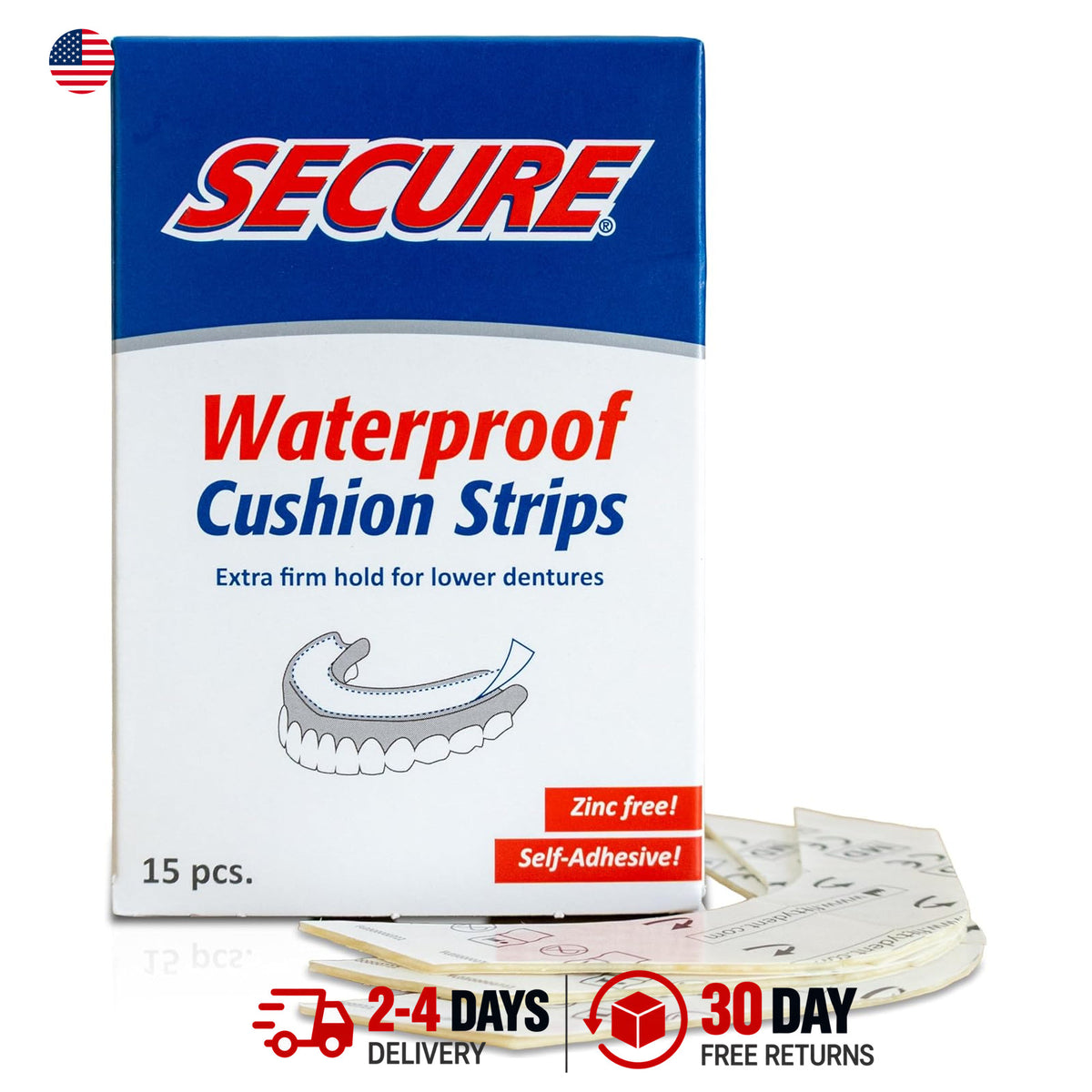 Denture Adhesive Strips - Zinc-Free Lower Denture Glue 15 Pack