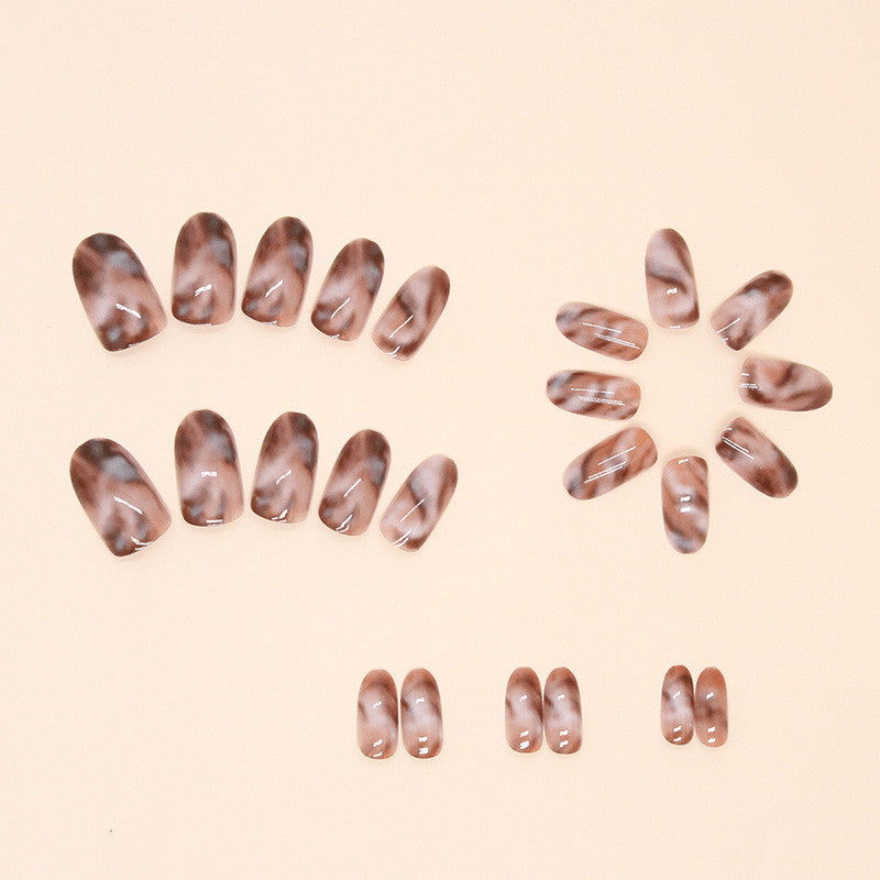 48pcs Almond Press On Nails Brown Marble Tortoise Shell Stylish Nail Art