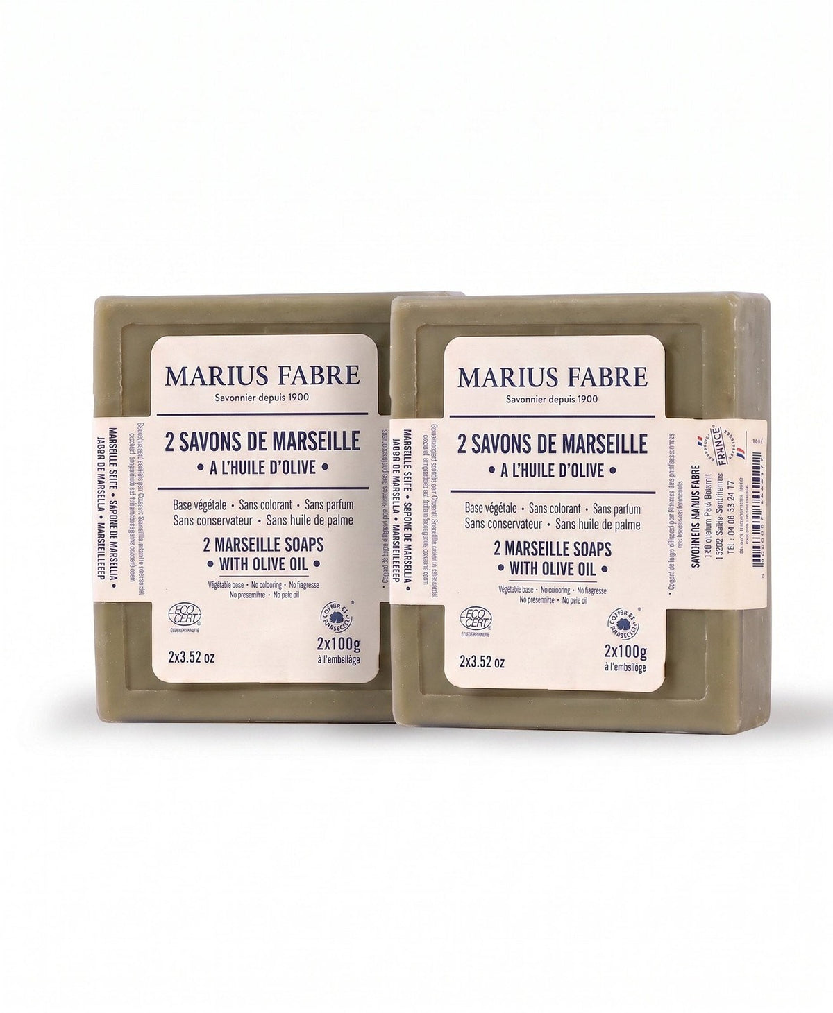 Olive Oil Marseille Soap Bars Set of 2 - Palm-Free, Fragrance-Free