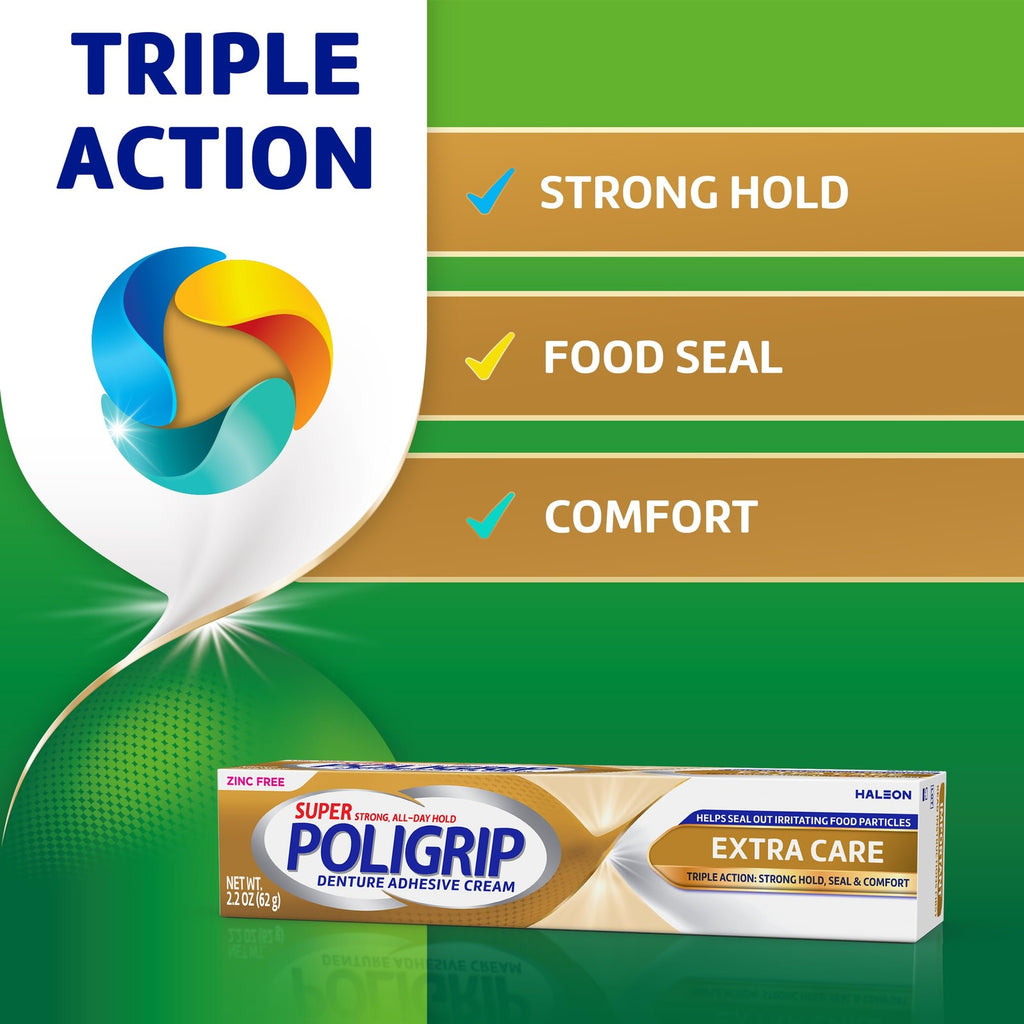 Denture Adhesive Cream 4-Pack - Extra Care, Zinc-Free, 2.2 oz Tubes