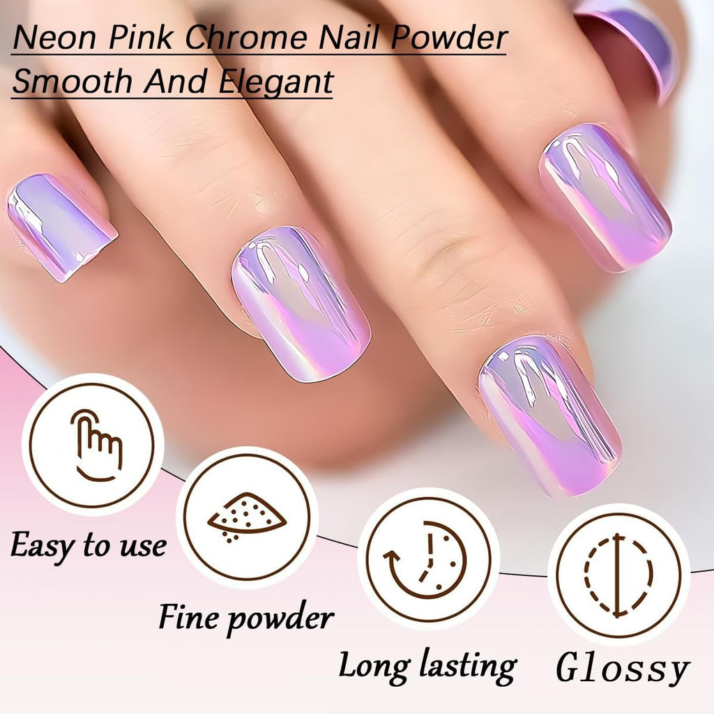 Holographic Unicorn Chrome Nail Powder - Aurora Rainbow Neon Pink for Nail Art
