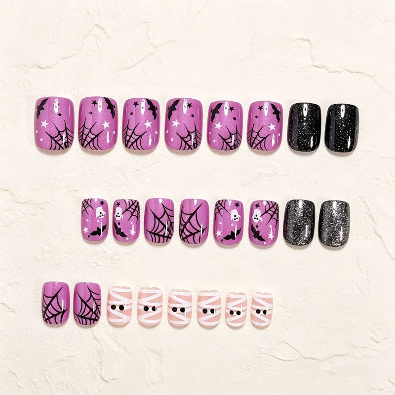 48P Short Square Press-On Nails Halloween Purple Glitter Ghost & Mummy Fake Nails