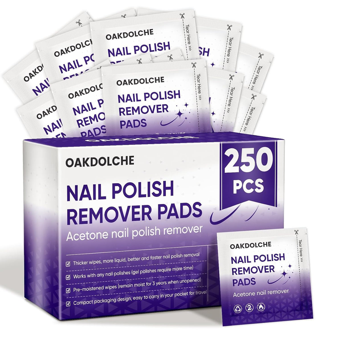Bulk Acetone Nail Polish Remover Pads 250 Pack Travel Size Gentle Formula