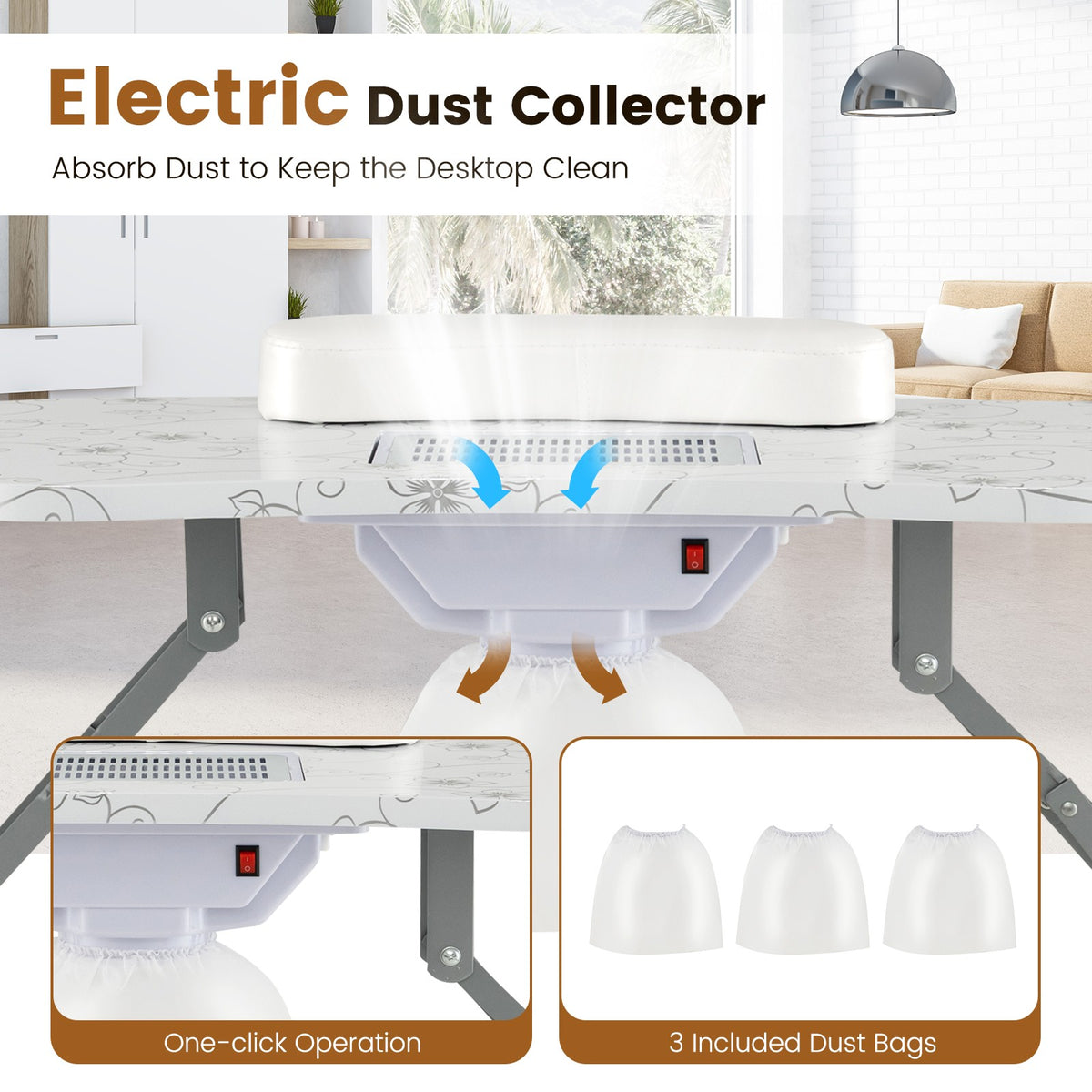 Folding Manicure Nail Table with Wheels, Electric Dust Collector & LED Lamp