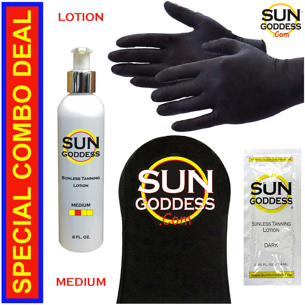Self Tanner Lotion Medium 8 oz with Applicator Mitt & Gloves
