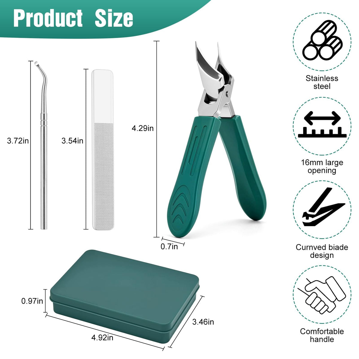 Long Handle Wide Jaw Nail Clippers - Beveled Eagle Beak Design, Green