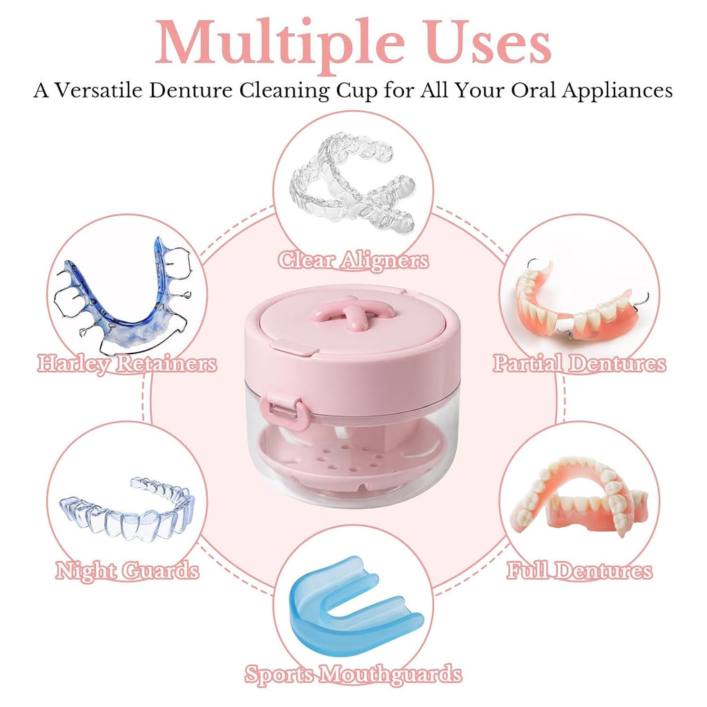 Denture and Retainer Cleaning Case with Auto-Lifting Strainer, Mirror & Brush