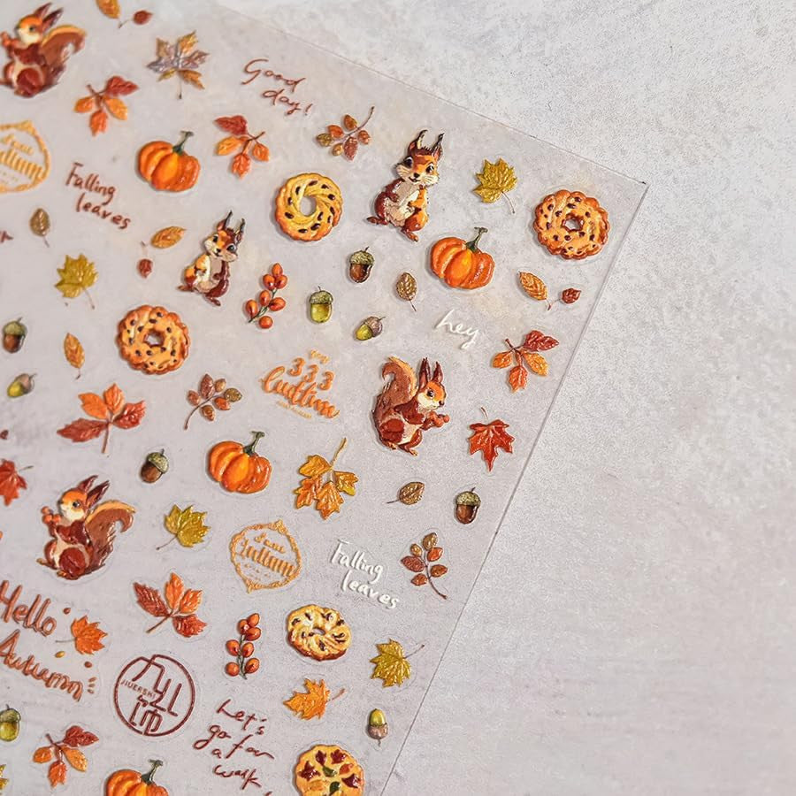 Fall Maple Leaf Nail Stickers Set - Self-Adhesive Squirrel & Nut Design for Nail Art