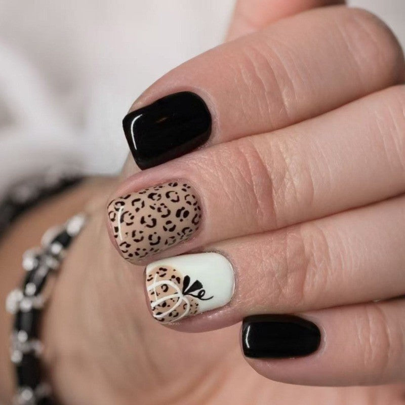 48-Piece Short Square Glossy Black Leopard Print Press-On Nails for Fall