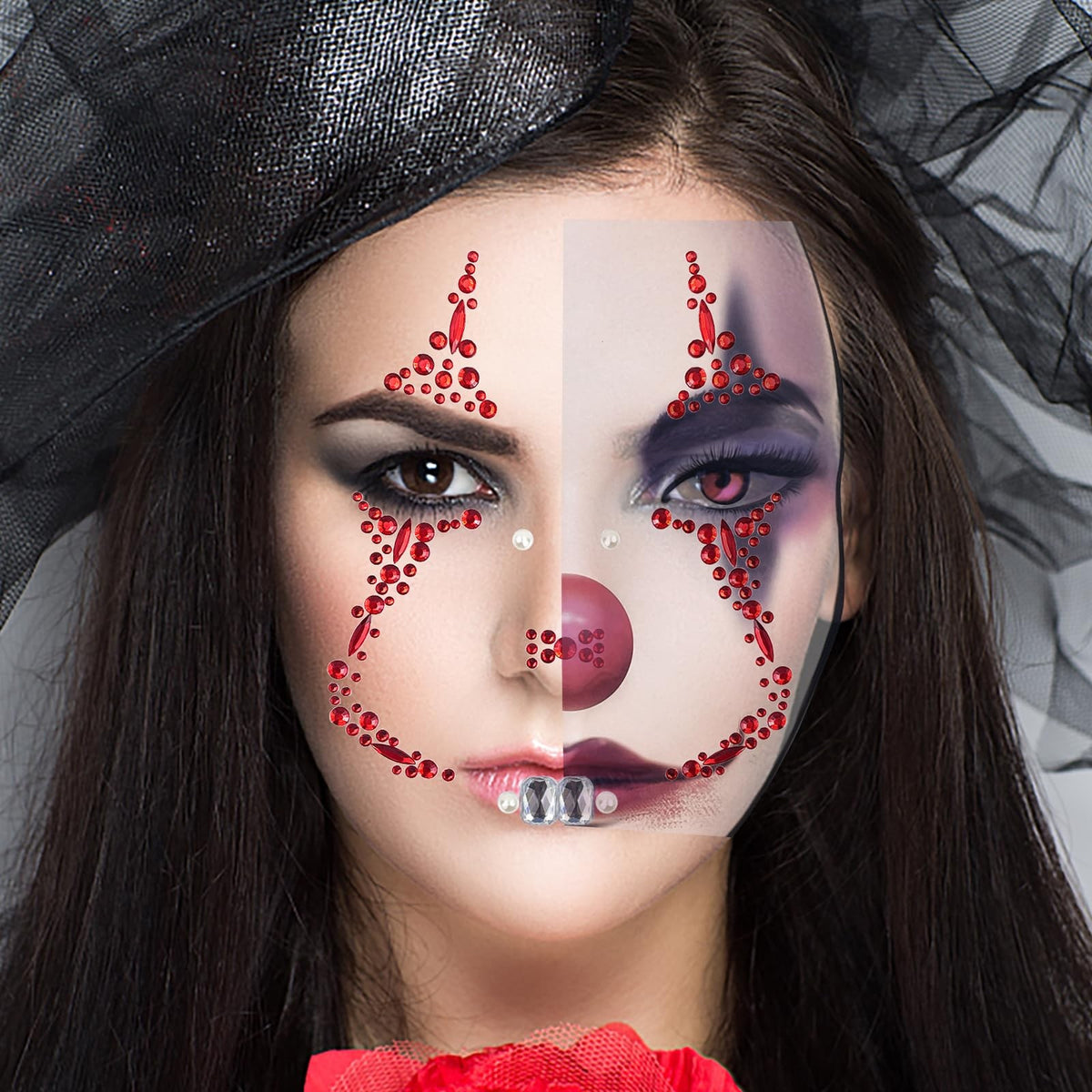 2 Pack Halloween Face Gems Jewels - Clown & Nun Self-Adhesive Rhinestone Tattoos