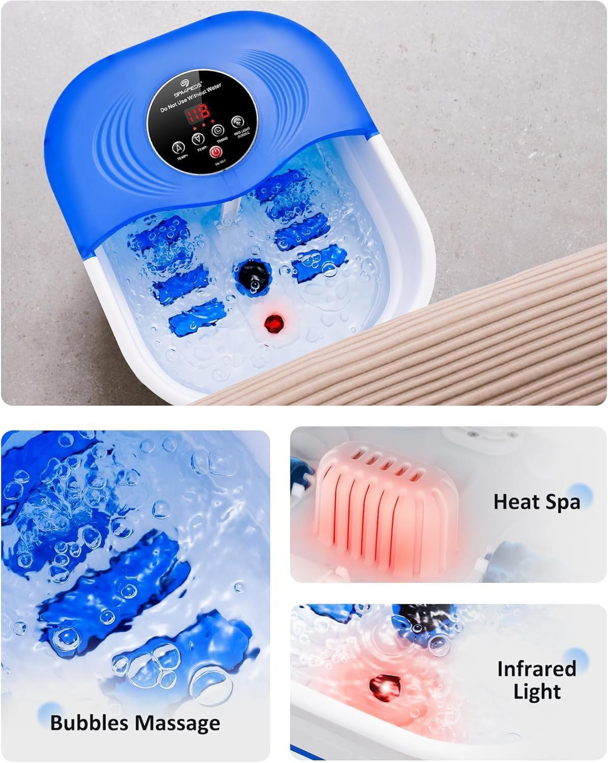 Foot Spa Bath Massager with Heat Bubble Jets Red Light Blue Light Relaxation
