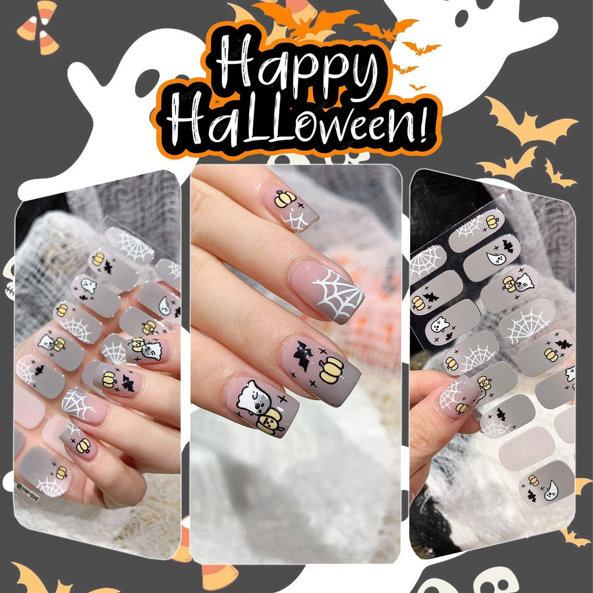 Halloween Gel Nail Wraps Set - Spider Web Ghost Flower Nail Stickers