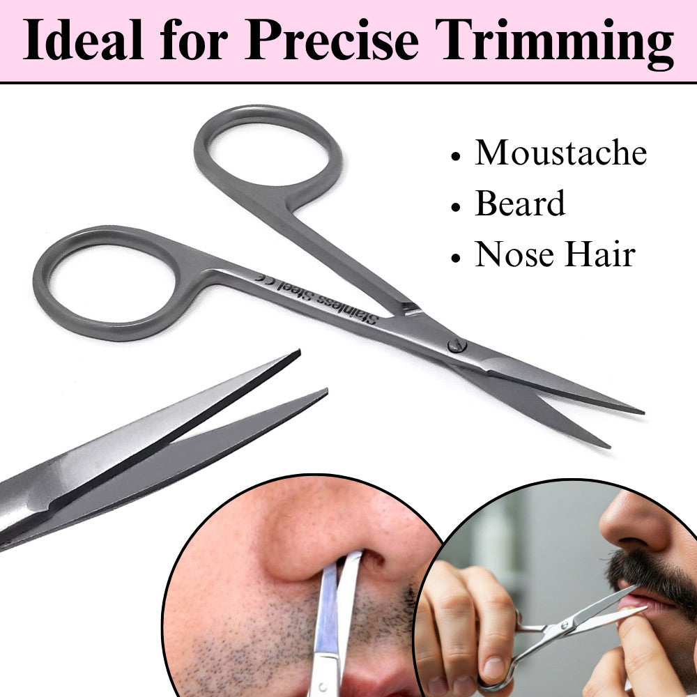 Stainless Steel Curved Tip Scissors for Beard, Nose, Ear & Eyebrow Trimming - 4 Inch