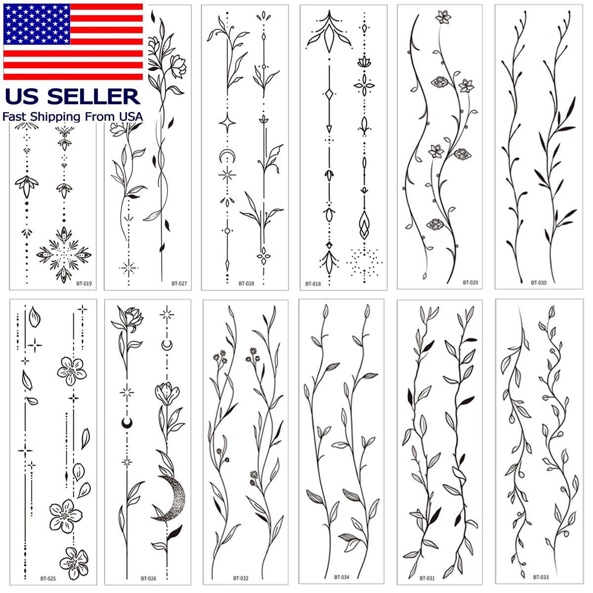 Temporary Tattoos for Women & Teens – 12 Sheet Long-Strip Branch Flower Leaves