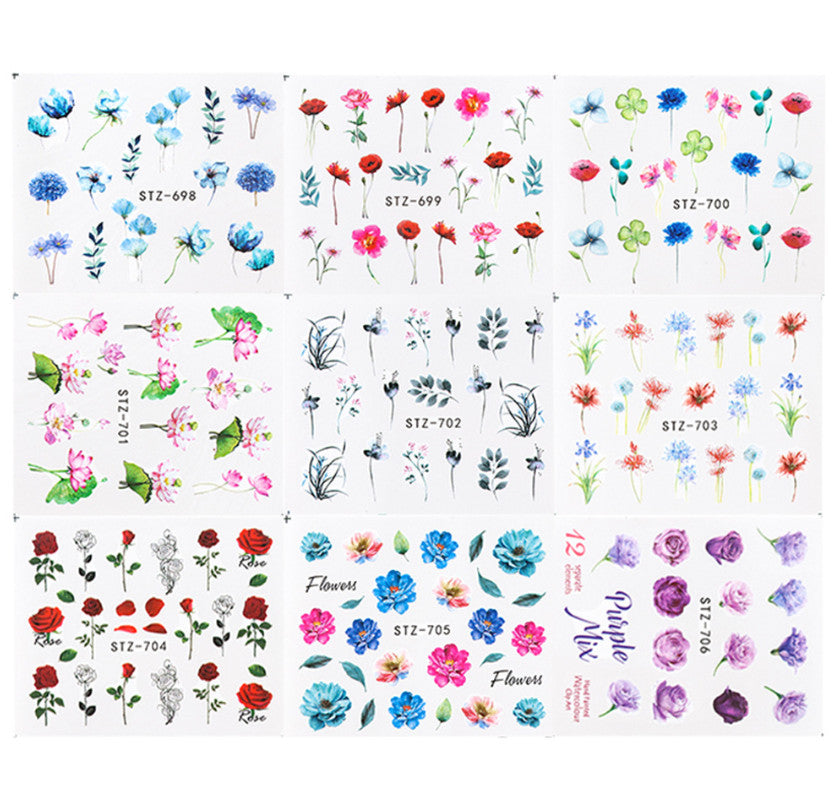 Water Transfer Nail Art Stickers Flower Butterfly Seashell Decals Set - Multiple Sizes