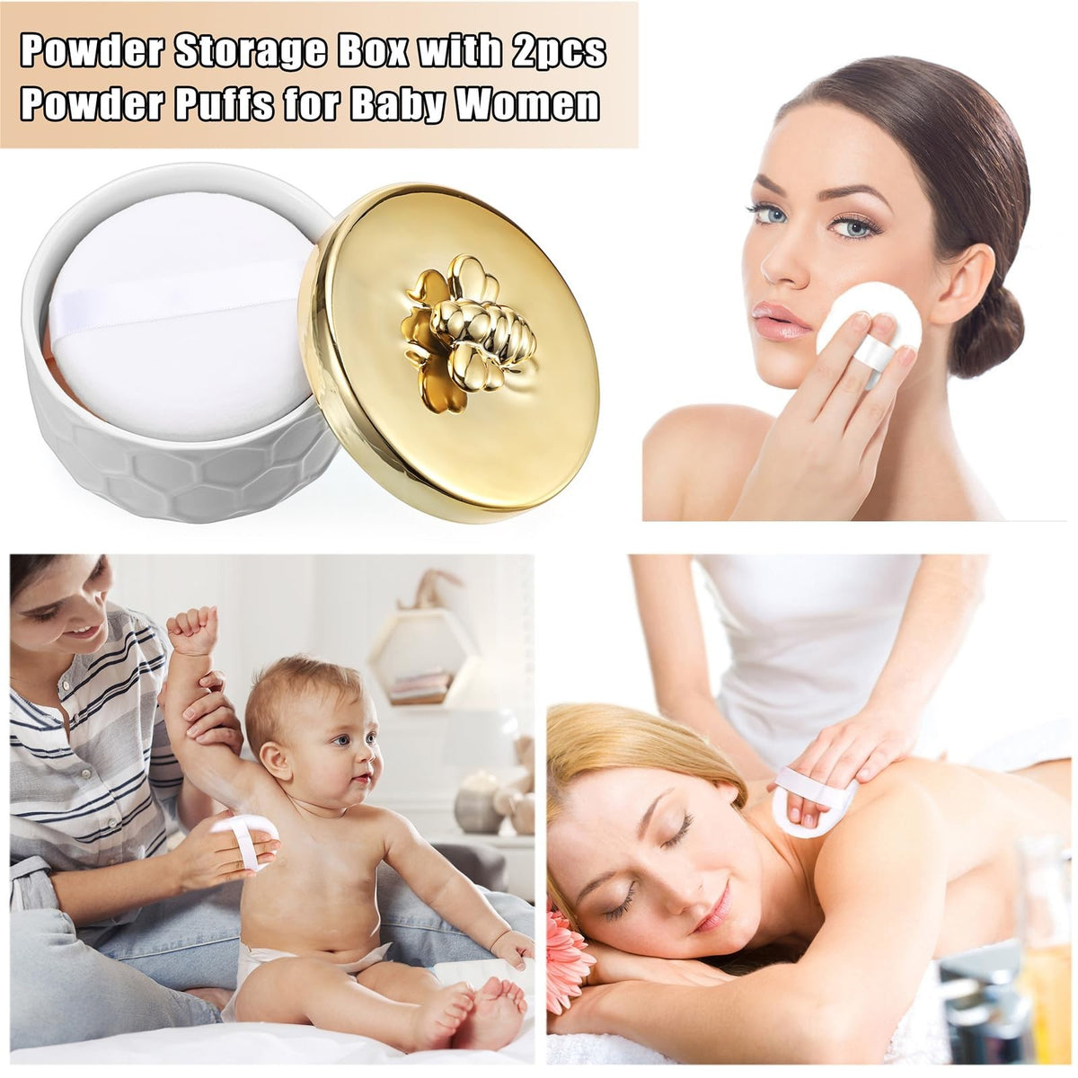 Ceramic Body Powder Storage Box with 2 Puffs - Elegant Jewelry and Vanity Organizer