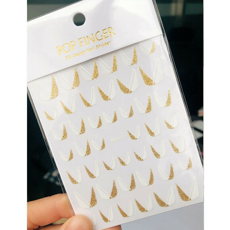 3D Gold White French Tips Nail Stickers Glitter Nail Art Decals for Manicure