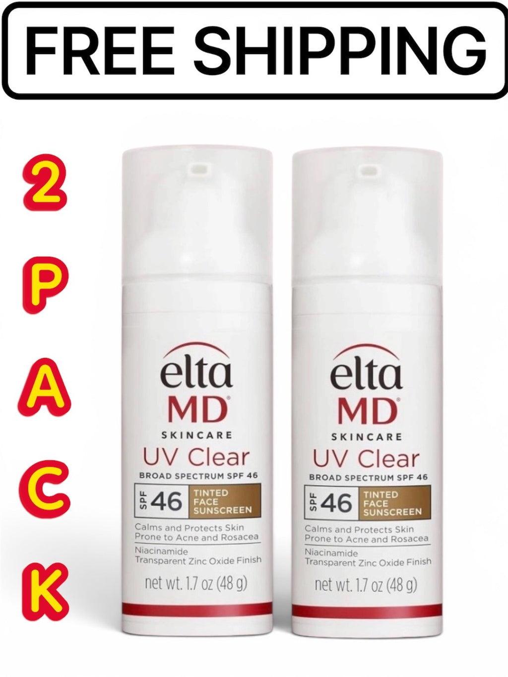 2-Pack Tinted Facial Sunscreen SPF 46 - EltaMD UV Clear, 1.7 oz Each, Exp 07/2028