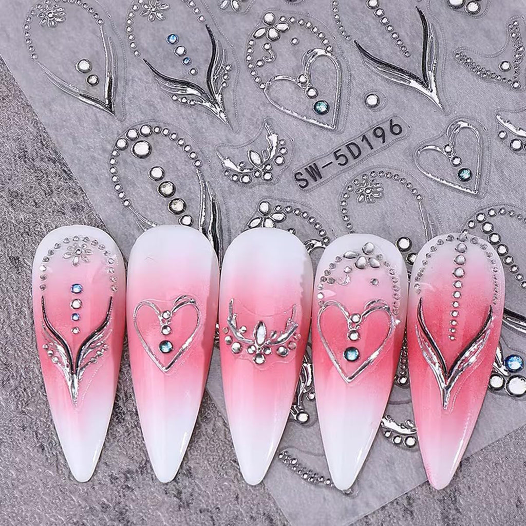 French Nail Art Stickers with 3D Rhinestones & Embossed Designs - 2PCS
