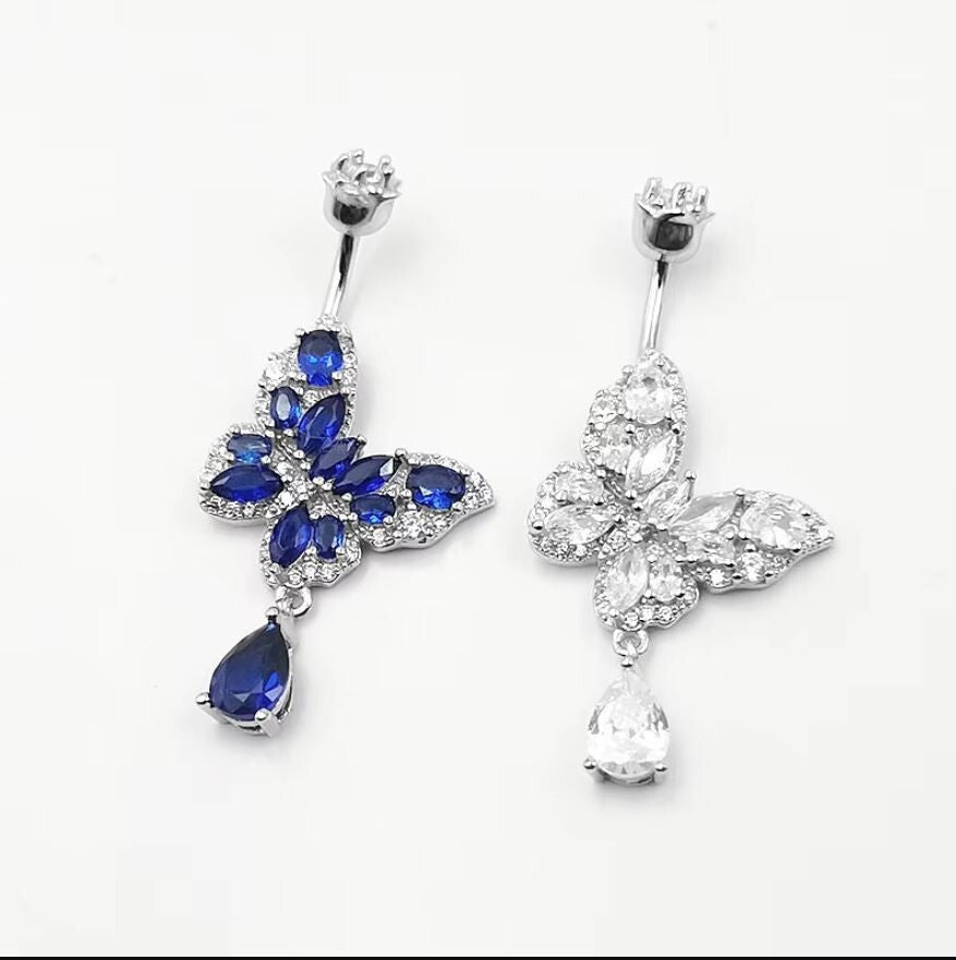 925 Sterling Silver Belly Button Ring with Clear Zircon Gem - Butterfly Dangle
