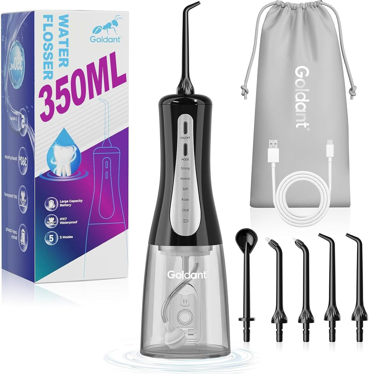 Cordless Water Dental Flosser with 5 Modes & 350ML Tank - Portable Oral Care