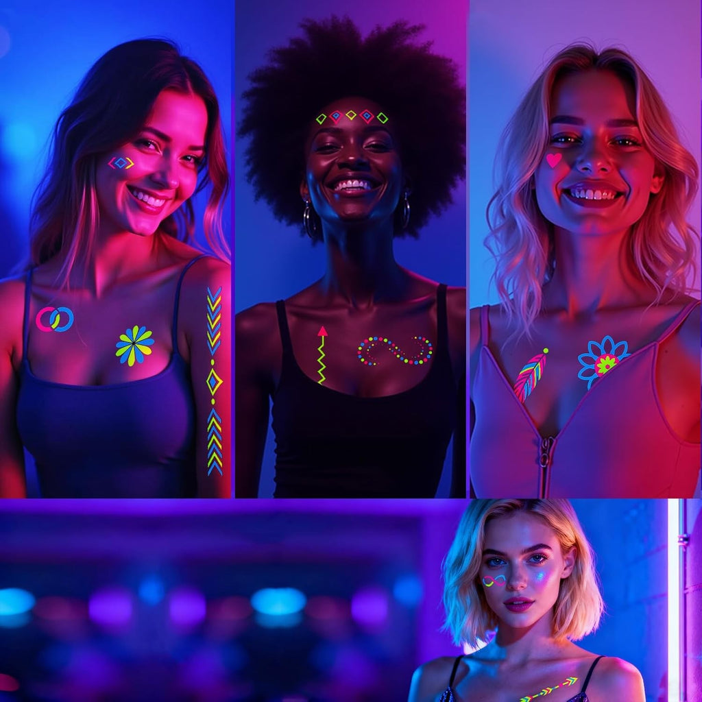 Glow-in-the-Dark Temporary Tattoos – 192+ Neon UV Blacklight Body Art Sheets