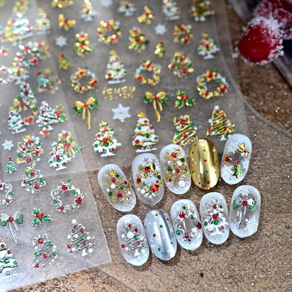 Christmas Nail Stickers 5D Embossed Metallic Silver Nail Decals Holiday Manicure