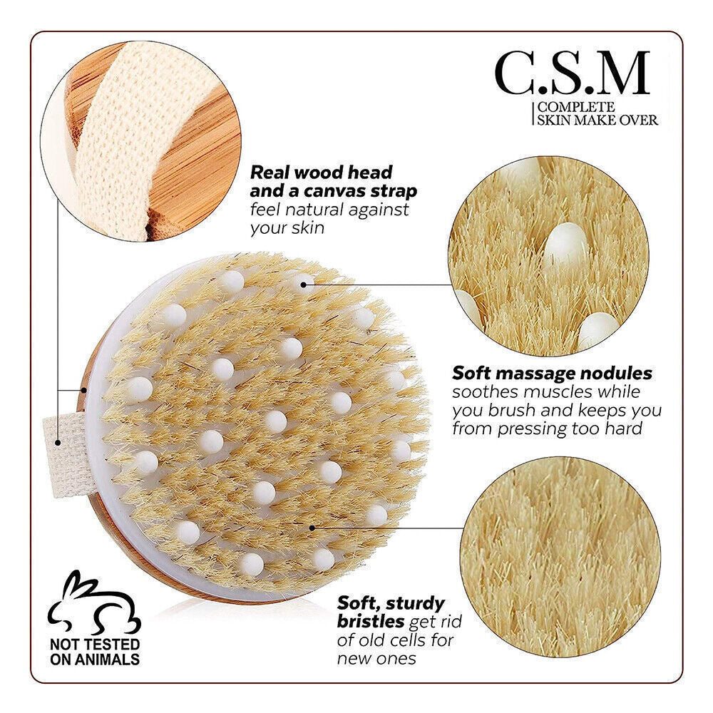 Natural Body Brush for Cellulite Reduction & Lymphatic Drainage - Wet & Dry Exfoliating Brush