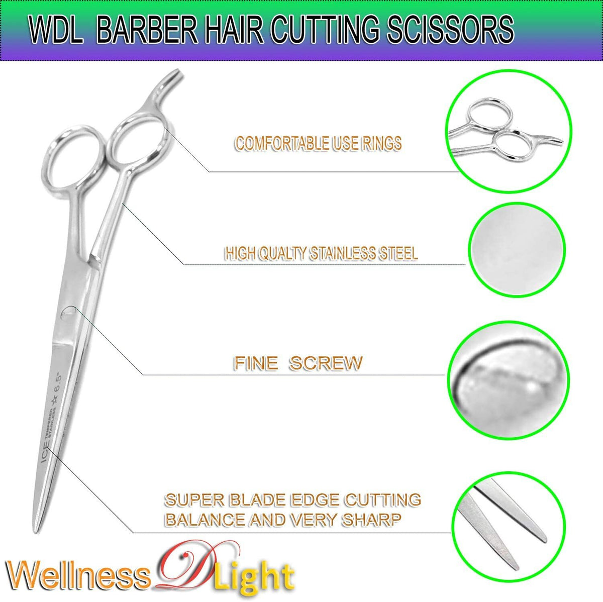 Hair Cutting Scissors 6.5 Inch Razor Sharp Salon Shears Professional Stainless Steel