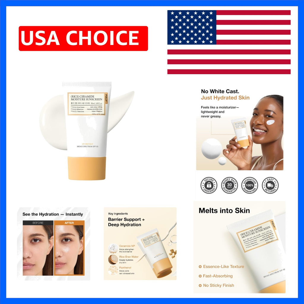 Korean SPF 50 Rice Ceramide Sunscreen for All Skin Types - Hydrating, No White Cast, Lightweight