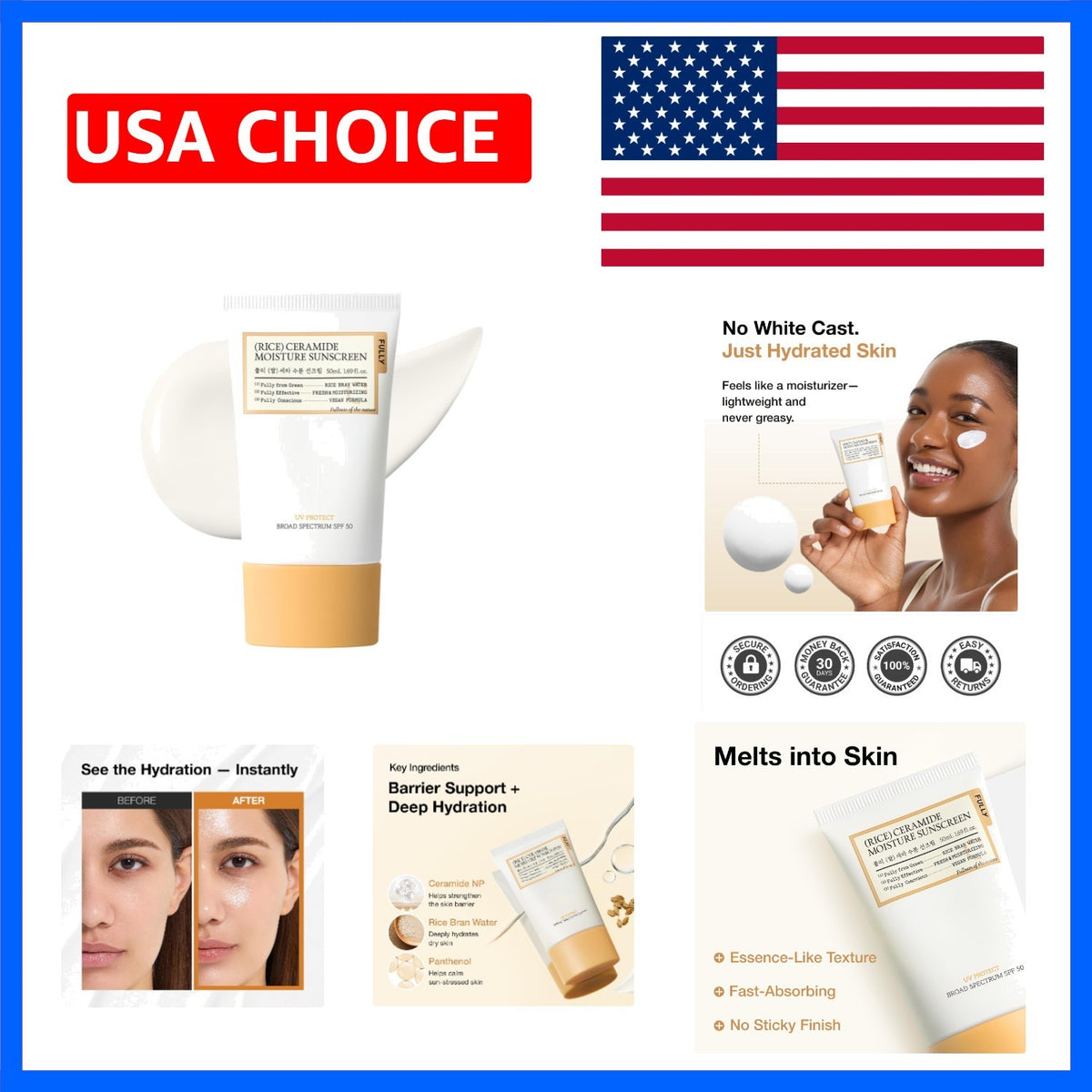 Korean SPF 50 Rice Ceramide Sunscreen for All Skin Types - Hydrating, No White Cast, Lightweight