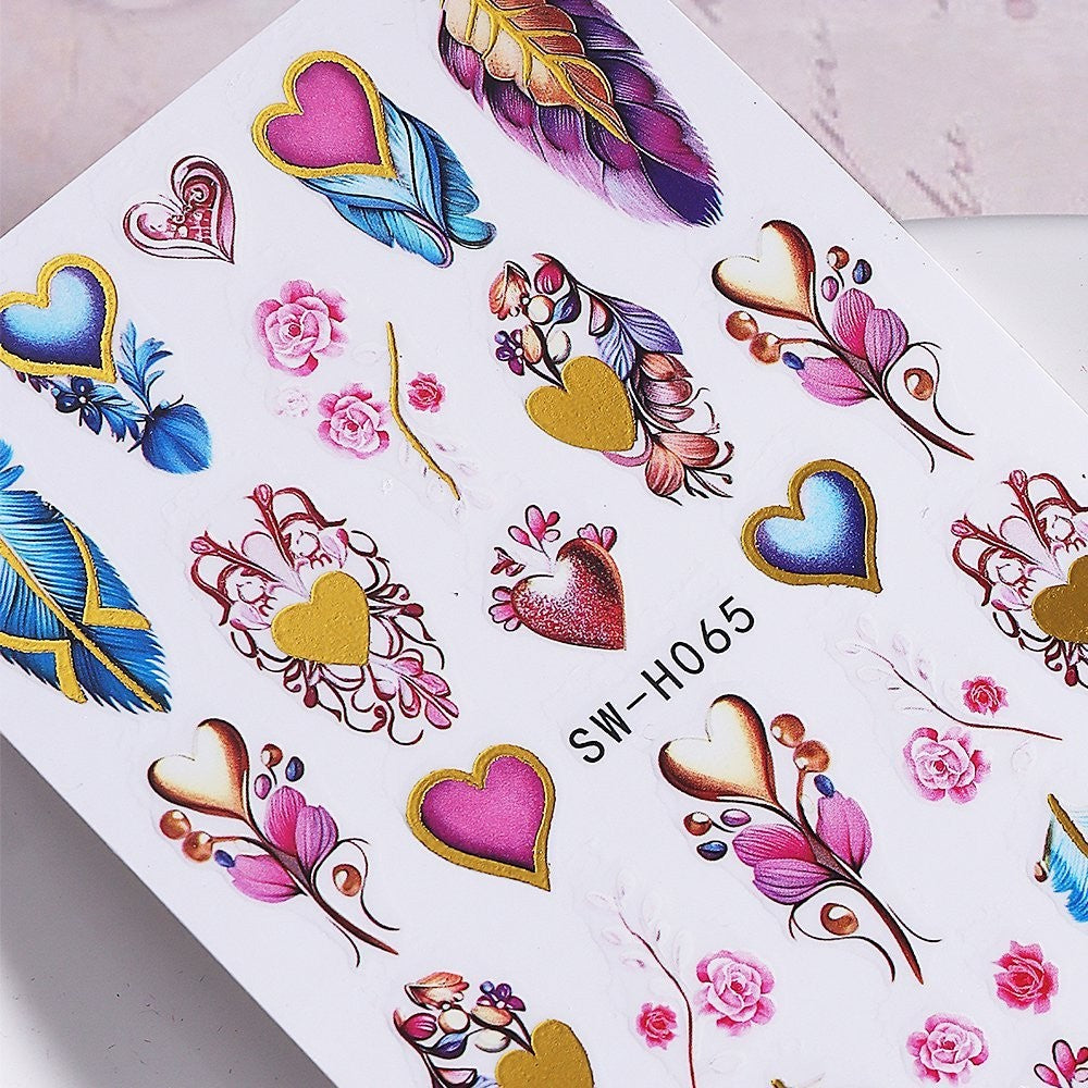 Feather and Heart Nail Art Stickers - Self-Adhesive Decorative Decals for Nails