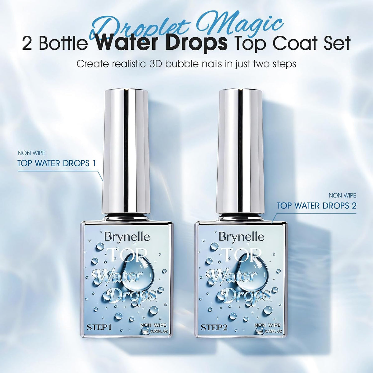 3D Water Drop Gel Top Coat Set - No Wipe, 2 x 15ml for Nail Art