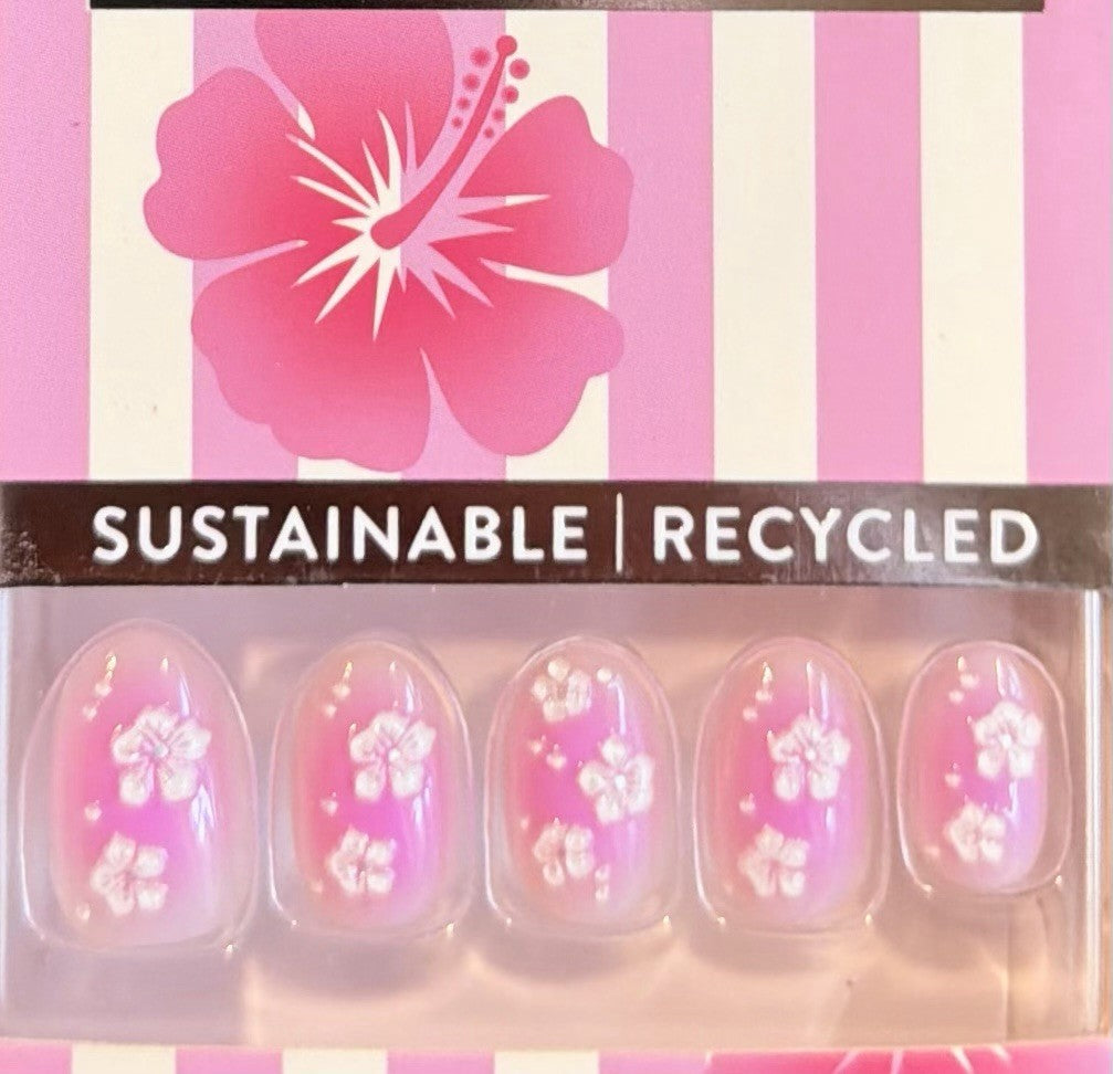 Red Aspen Press-On Short Almond Pink Aura Floral Nails - 3D Hibiscus Bliss