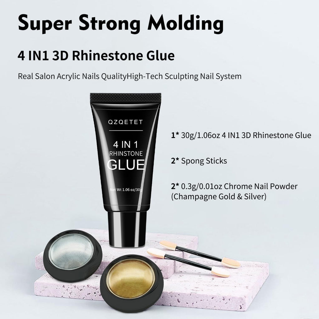 4-in-1 Rhinestone Nail Glue 30g Strong Adhesive Gel with Glitter for Nail Art