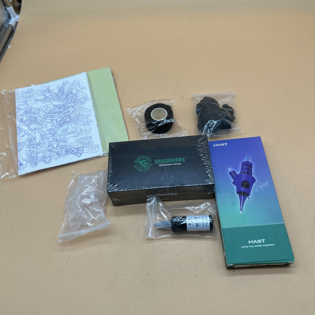 Tattoo Kit Open Box - Mast Dragonhawk Tattoo Machine & Accessories