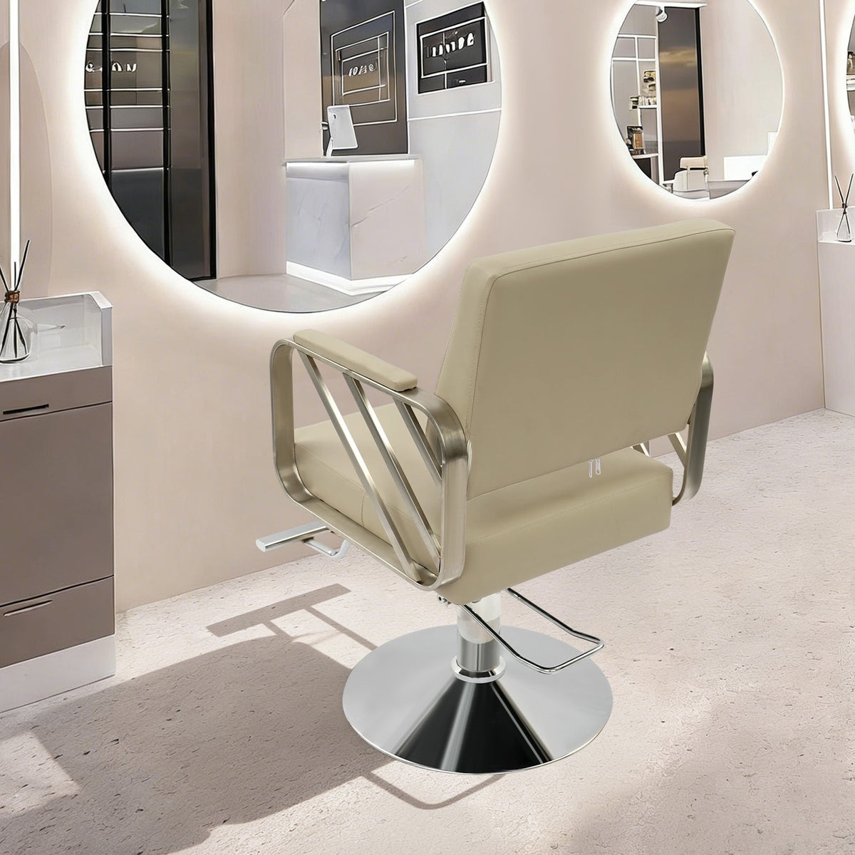 Stainless Steel Salon Chair with Beige Swivel Seat, Height Adjustable 82-92cm