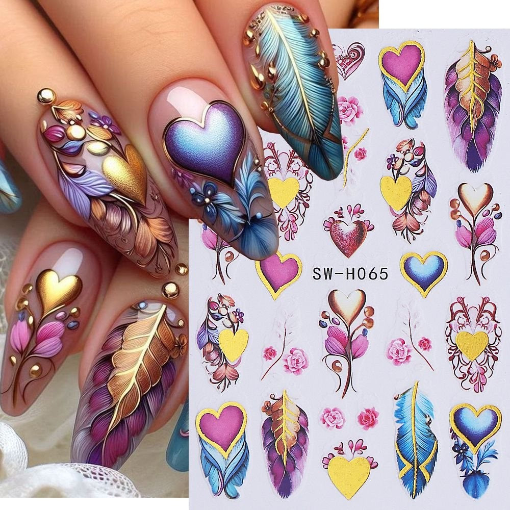 Feather and Heart Nail Art Stickers - Self-Adhesive Decorative Decals for Nails