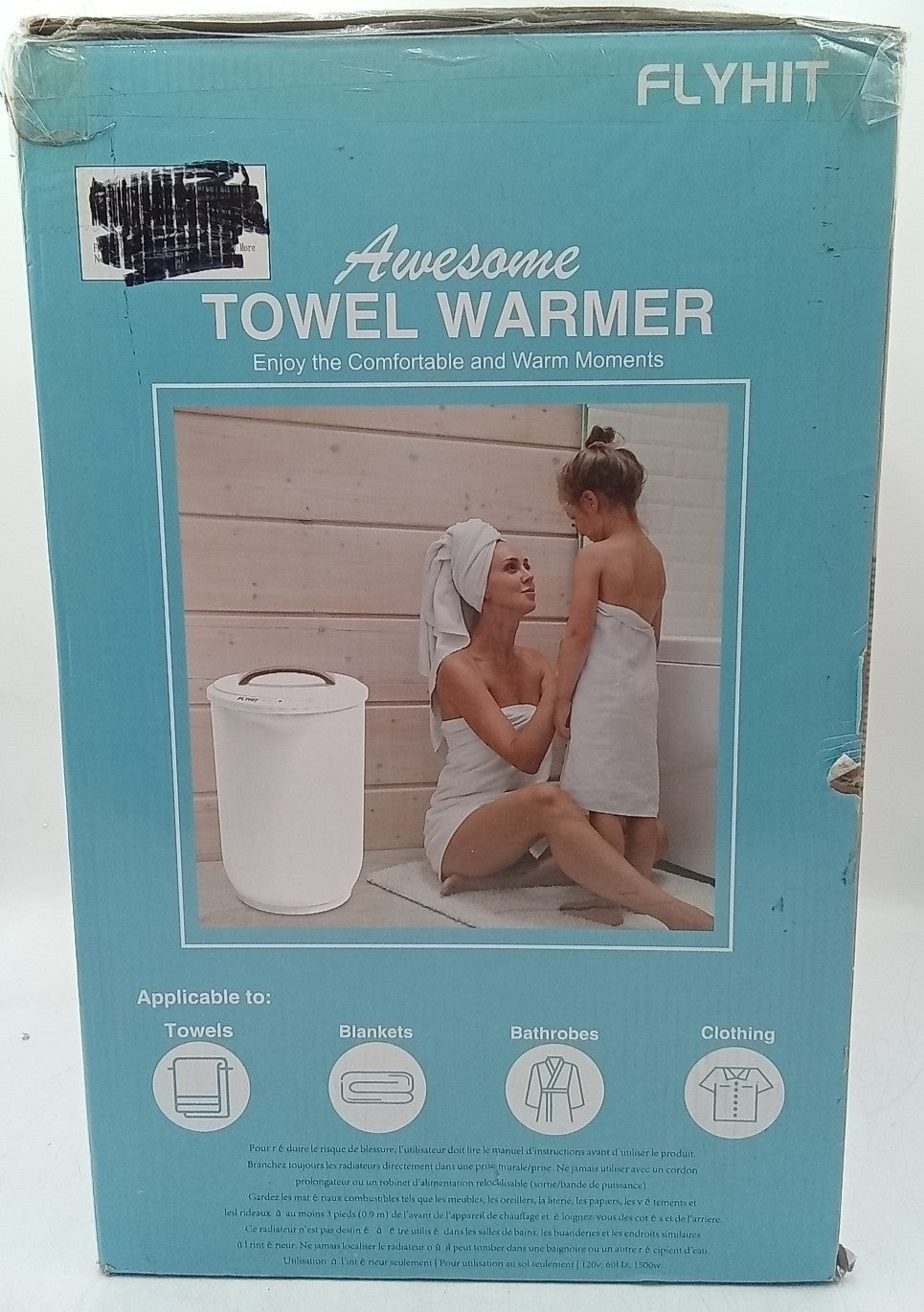 Large White Towel Warmer Bucket with Wooden Handle for Bathroom