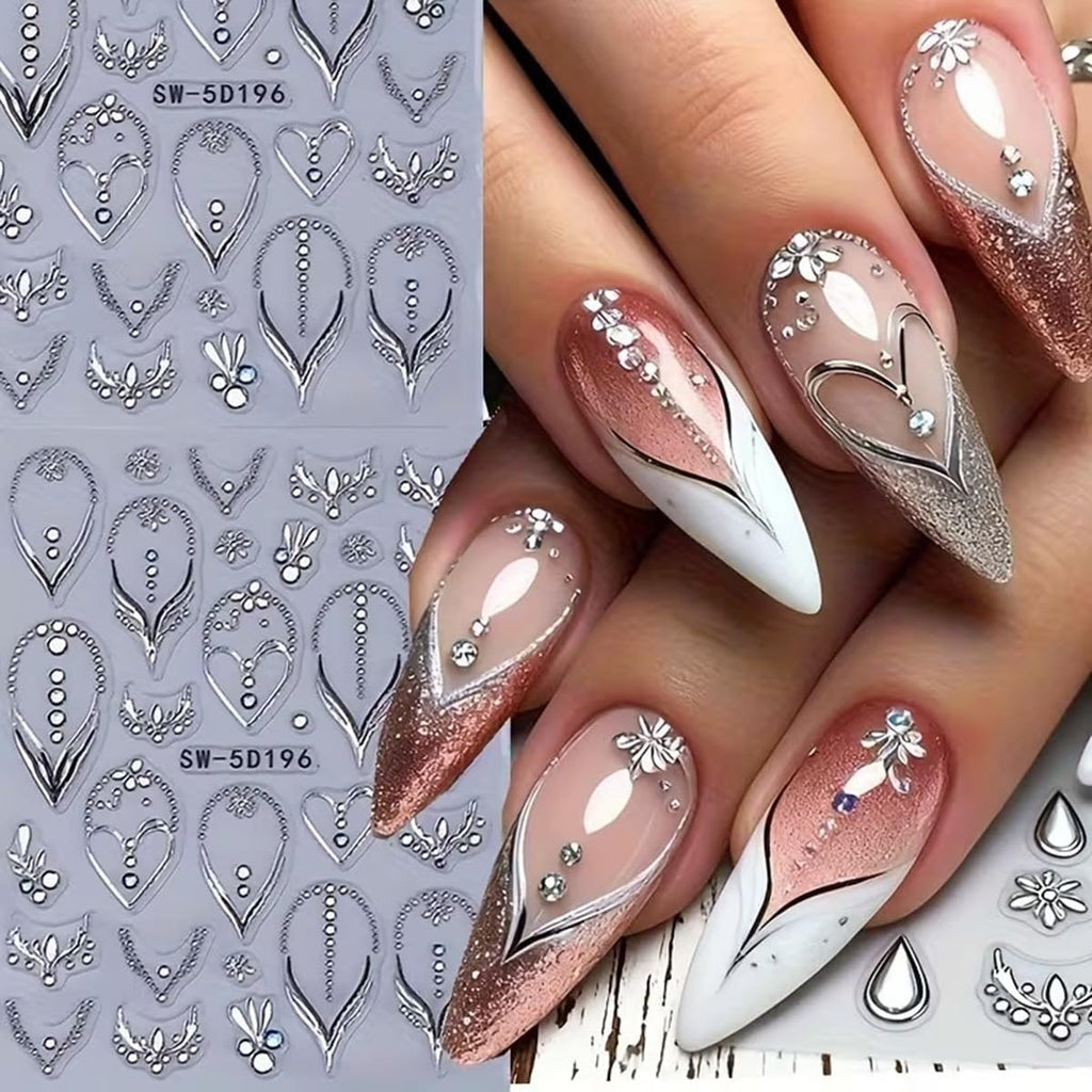 French Nail Art Stickers with 3D Rhinestones & Embossed Designs - 2PCS