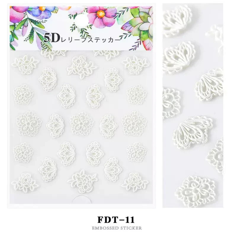 White Flower 3D Nail Art Sticker Decal - Water Transfer Embossed Design