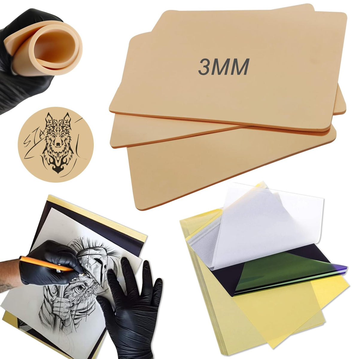 3mm Tattoo Practice Kit - 13Pcs Fake Skin & Stencil Paper Set for Training
