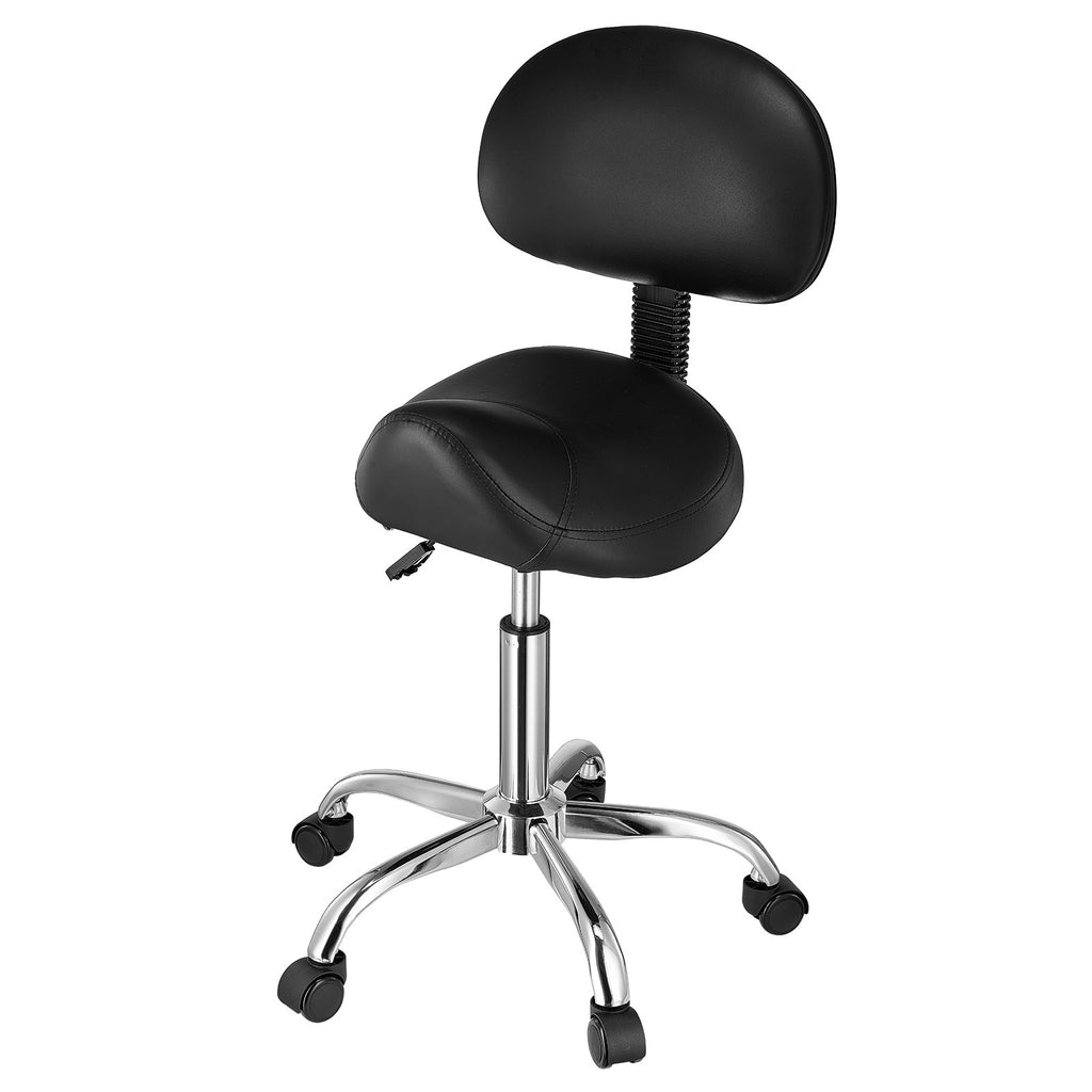 Adjustable Saddle Stool with Wheels and Backrest - PU Leather, Heavy Duty